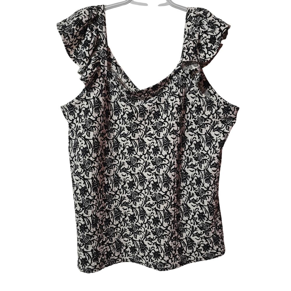 Loft Floral Black & White Capped Flutter Sleeve Blouse XL - Picture 2 of 4